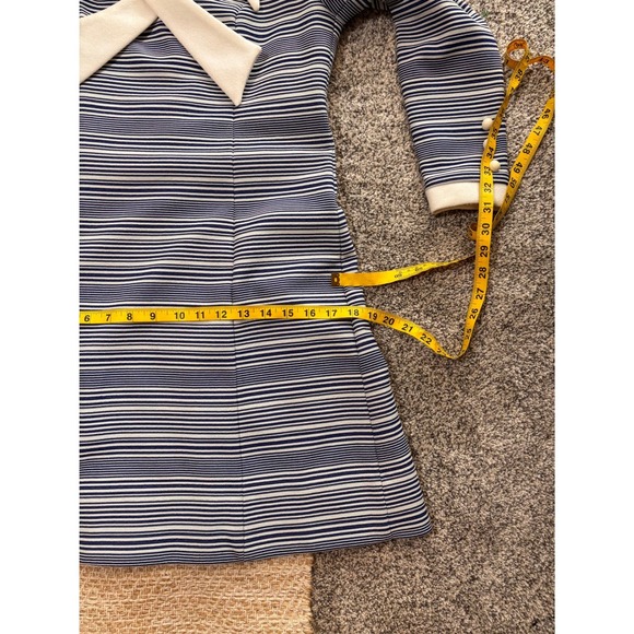 Vintage Sue Brett Mod Mini Dress Blue White Striped Bow Collar Long Sleeve 60s - Picture 7 of 9